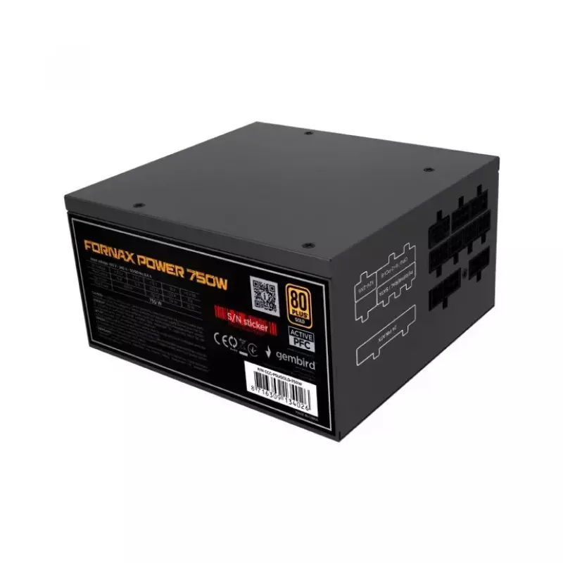 Barošanas bloks GEMBIRD Fornax Power 750W ATX 80 PLUS Gold modulārs 12 cm ventilators EPS 4+4pin PCIe 6+2pin SATA savienotāji