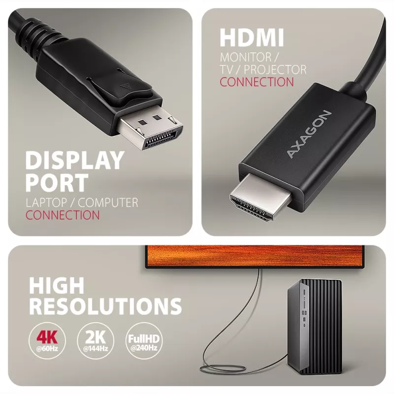 Axagon RVD-HI20C2 DisplayPort -> HDMI 2.0b kabelis 1.8m, 4K/60Hz