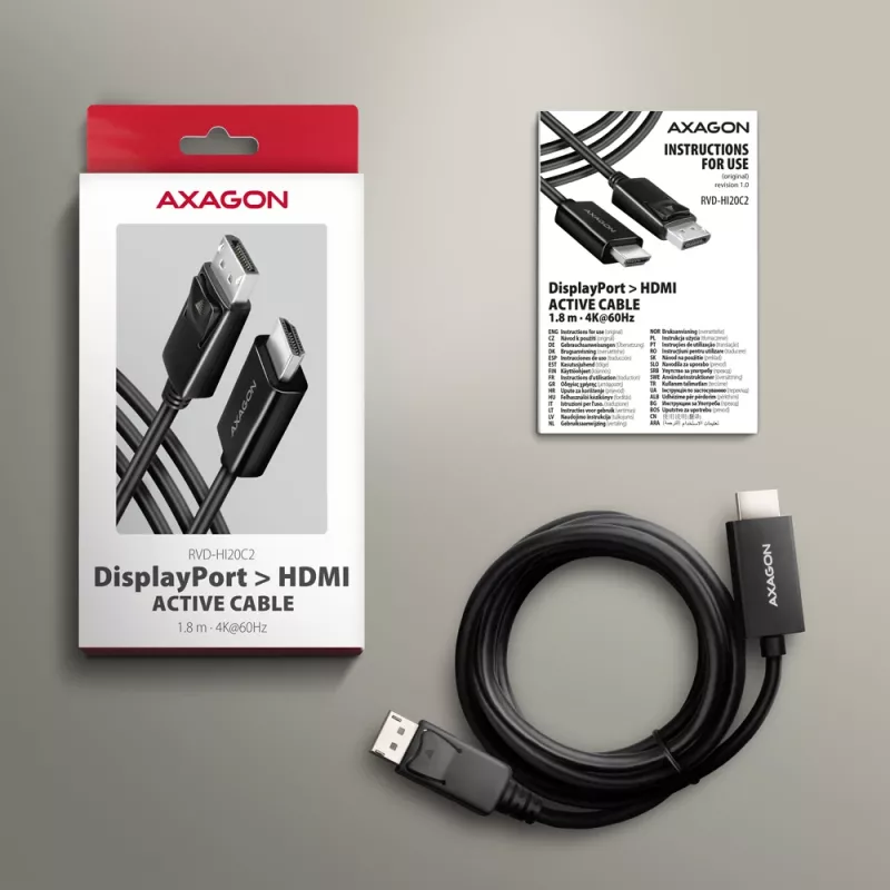 Axagon RVD-HI20C2 DisplayPort -> HDMI 2.0b kabelis 1.8m, 4K/60Hz