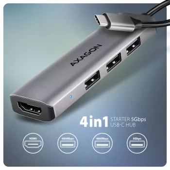 Axagon HMC-H3A USB 5Gbps centrmezgls, 3x USB-A, HDMI 4k/30Hz, 15 cm USB-C kabelis