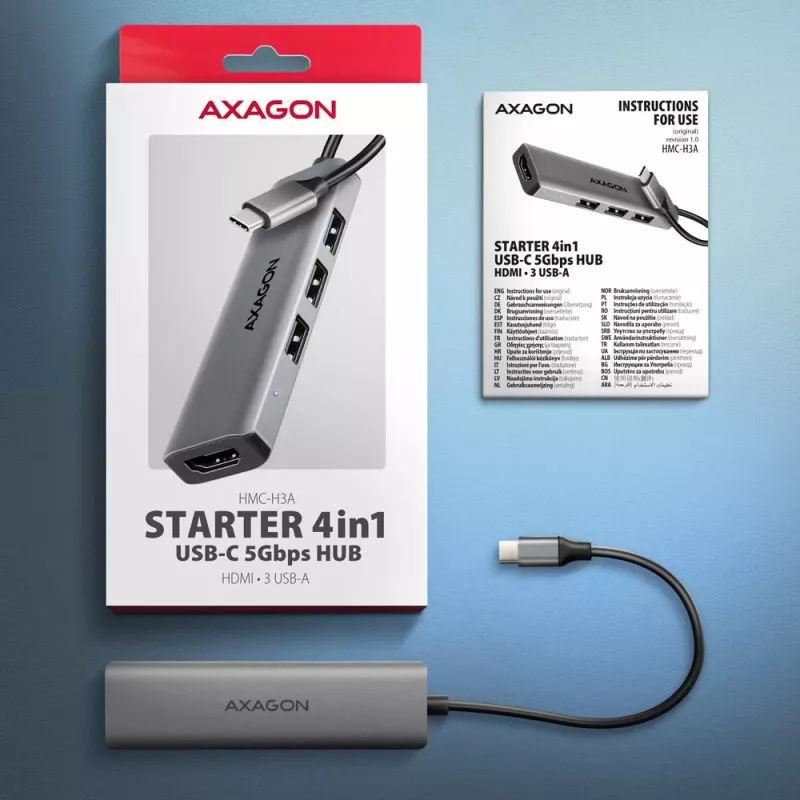 Axagon HMC-H3A USB 5Gbps centrmezgls, 3x USB-A, HDMI 4k/30Hz, 15 cm USB-C kabelis