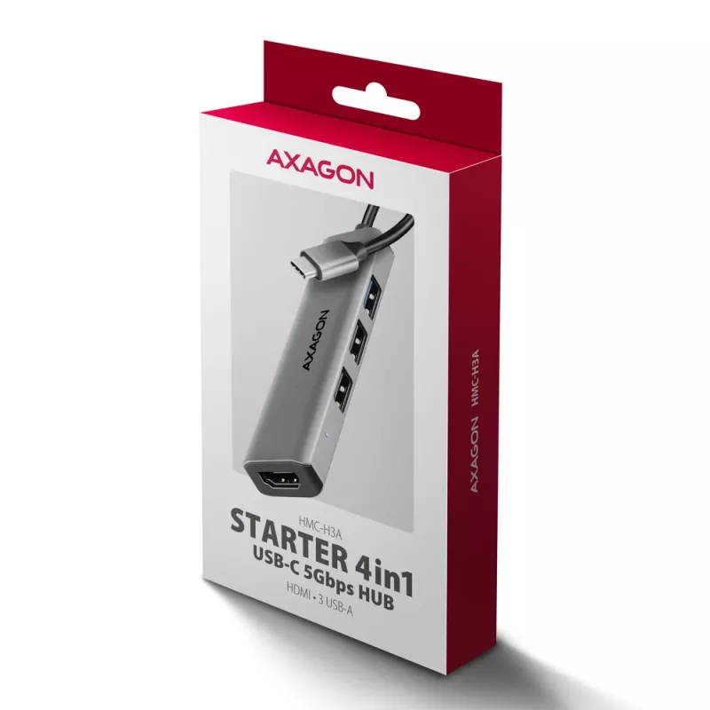 Axagon HMC-H3A USB 5Gbps centrmezgls, 3x USB-A, HDMI 4k/30Hz, 15 cm USB-C kabelis