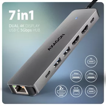 Axagon HMC-7HX2 USB 5Gbps centrālmezgls, 2x USB-A, USB-C, 2x HDMI 4k/60Hz, RJ-45, PD 100W