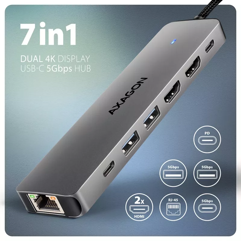 Axagon HMC-7HX2 USB 5Gbps centrālmezgls, 2x USB-A, USB-C, 2x HDMI 4k/60Hz, RJ-45, PD 100W