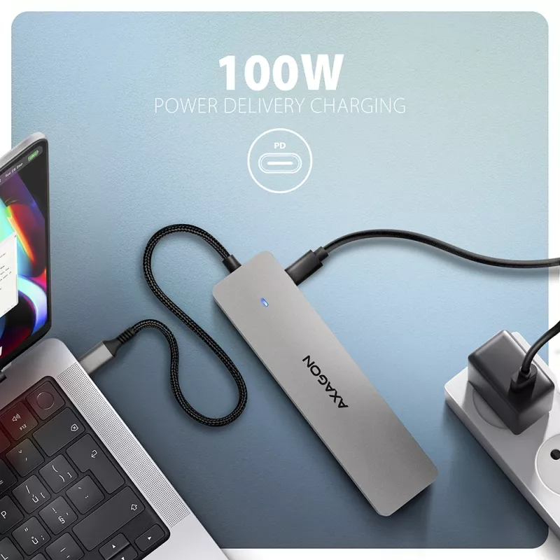Axagon HMC-7HX2 USB 5Gbps centrālmezgls, 2x USB-A, USB-C, 2x HDMI 4k/60Hz, RJ-45, PD 100W