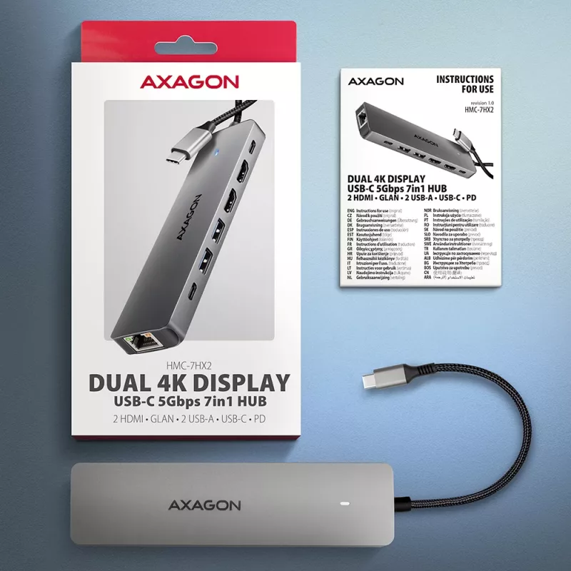 Axagon HMC-7HX2 USB 5Gbps centrālmezgls, 2x USB-A, USB-C, 2x HDMI 4k/60Hz, RJ-45, PD 100W