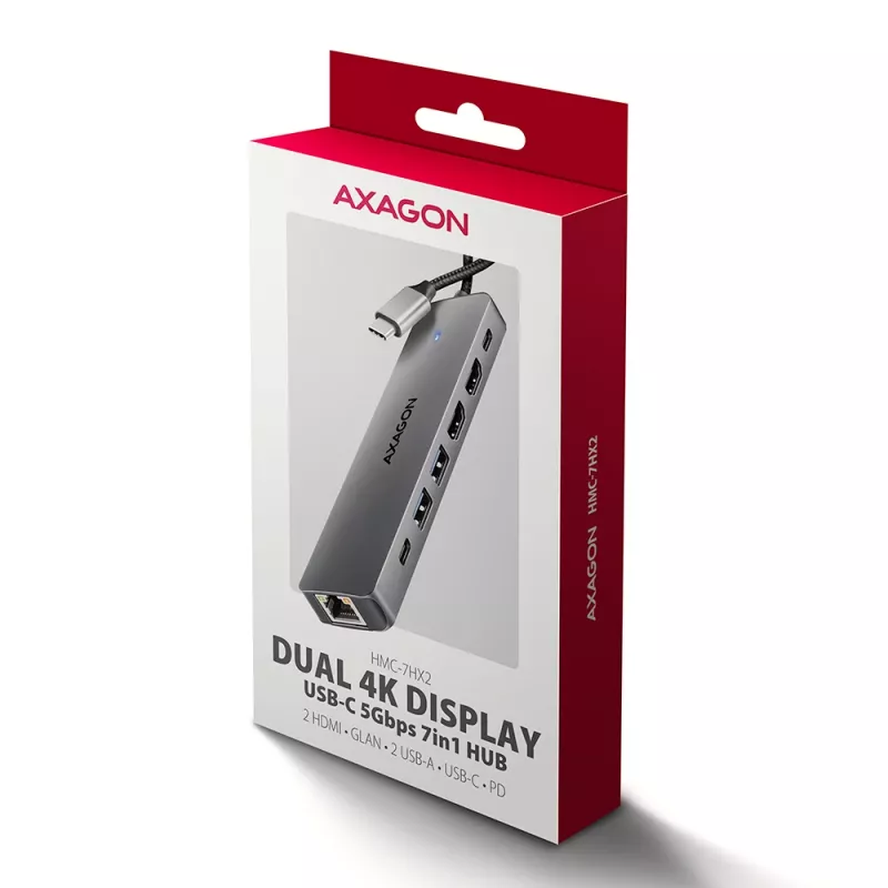 Axagon HMC-7HX2 USB 5Gbps centrālmezgls, 2x USB-A, USB-C, 2x HDMI 4k/60Hz, RJ-45, PD 100W