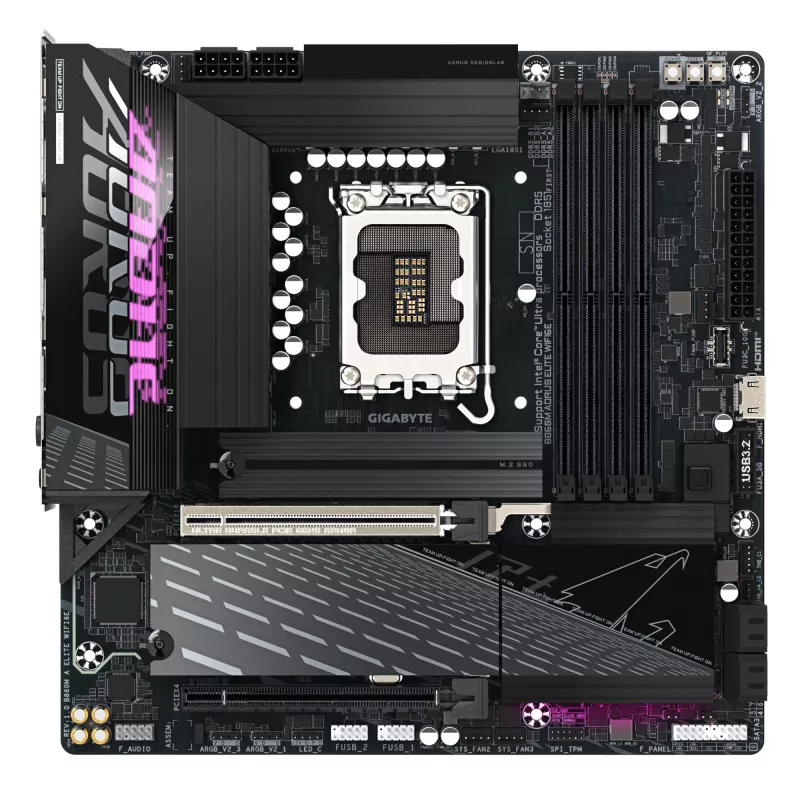 Mātesplate GIGABYTE B860M AORUS ELITE WIFI6E — Intel Core Ultra sērijas CPU, 12+1+2+1 fāžu VRM, līdz 9200MHz DDR5, 1xPCIe 5.0 + 2xPCIe 4.0 M.2, 2.5GbE LAN, WIFI 6E, Thunderbolt