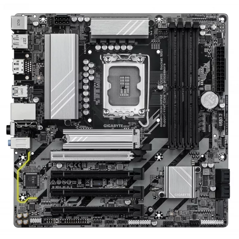 GIGABYTE B860M DS3H WIFI6E mātesplate - Intel Core Ultra sērijas CPU, 5+1+2+1 fāžu VRM, līdz 9066MHz DDR5, 1xPCIe 5.0 + 1xPCIe 4.0 M.2, 2.5GbE LAN, WIFI 6E, USB 3.2 Gen 2