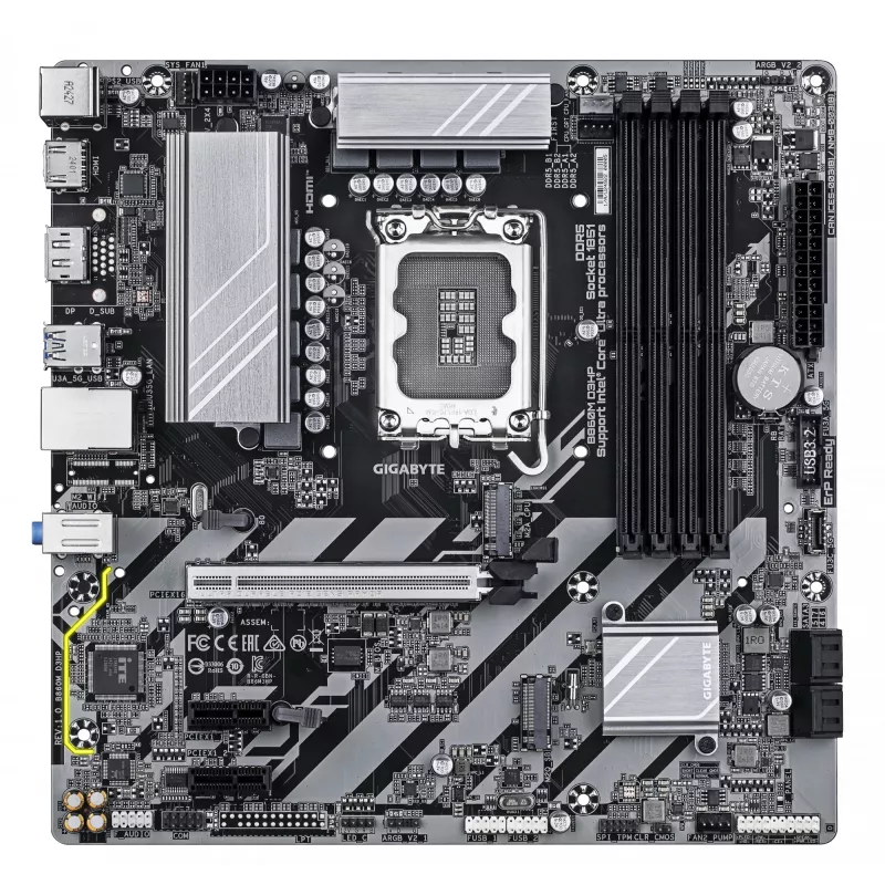 Mātesplate GIGABYTE B860M D3HP — Intel Core Ultra sērijas CPU, 4+1+2+1 fāžu VRM, līdz 9066 MHz DDR5, 2xPCIe 4.0 M.2, GbE LAN, USB 3.2 Gen 1