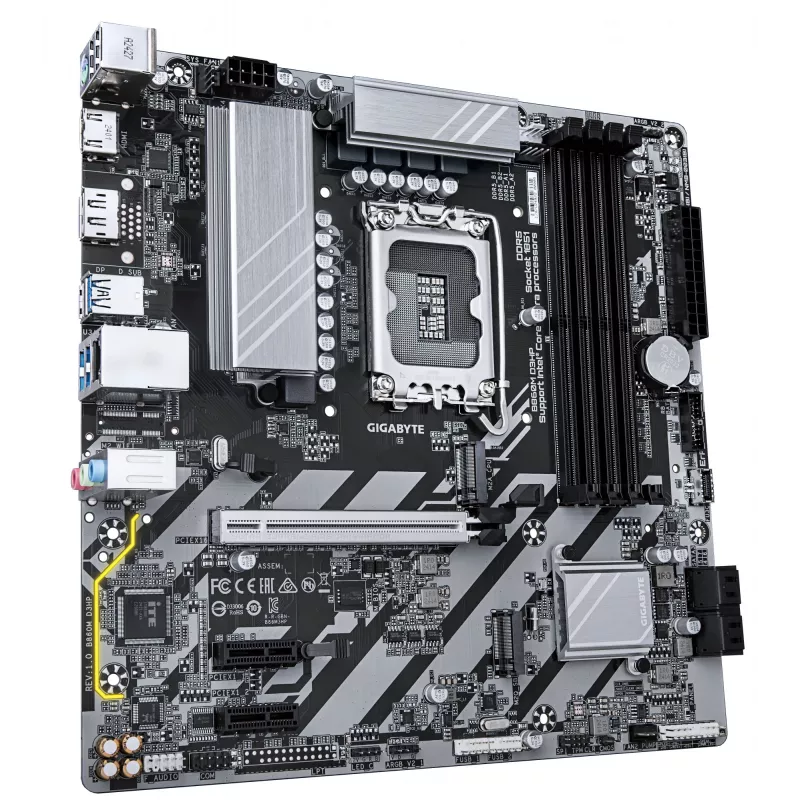 Mātesplate GIGABYTE B860M D3HP — Intel Core Ultra sērijas CPU, 4+1+2+1 fāžu VRM, līdz 9066 MHz DDR5, 2xPCIe 4.0 M.2, GbE LAN, USB 3.2 Gen 1
