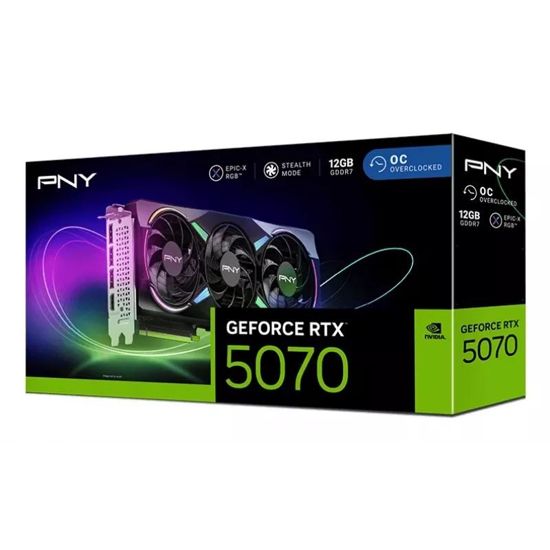PNY GeForce RTX 5070 12 GB ARGB pārspīlēta trīs ventilatoru - 12 GB GDDR7 - DisplayPort 2.1b / HDMI 2.1b