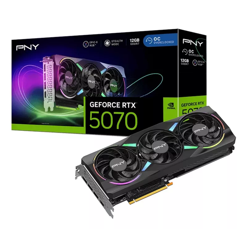 PNY GeForce RTX 5070 12 GB ARGB pārspīlēta trīs ventilatoru - 12 GB GDDR7 - DisplayPort 2.1b / HDMI 2.1b