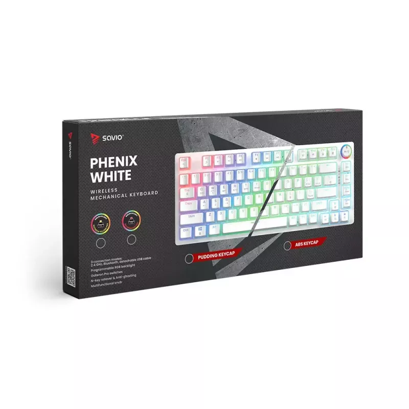 Spēļu tastatūra Savio Phenix balta GAT dzeltena USB Bluetooth QWERTY