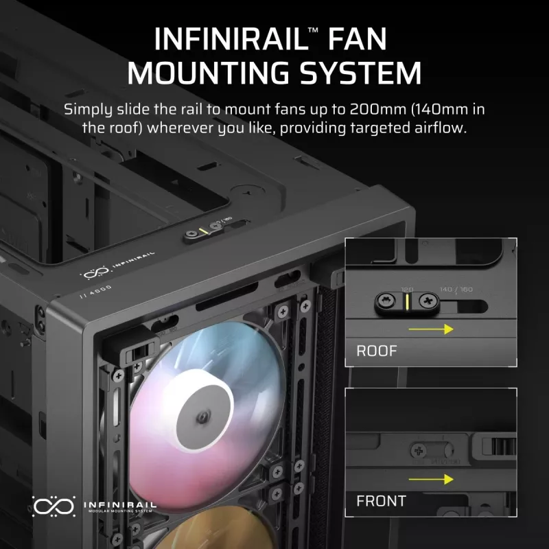 PC korpuss CORSAIR FRAME 4000D RS ARGB Midi Tower Melns — ATX/Micro-ATX/Mini-ITX, rūdīts stikls, ARGB ventilatori, GPU līdz 370 mm