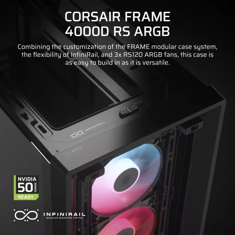 PC korpuss CORSAIR FRAME 4000D RS ARGB Midi Tower Melns — ATX/Micro-ATX/Mini-ITX, rūdīts stikls, ARGB ventilatori, GPU līdz 370 mm