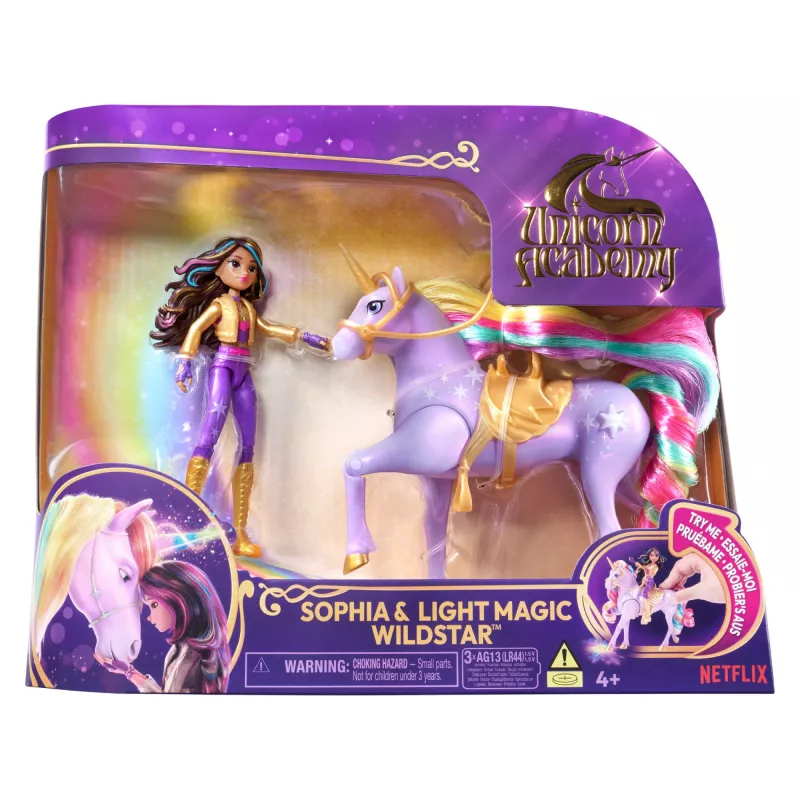 Usorteret Unicorn Academy Sophia & Light Magic Wildstar modes lelle ar varavīksnes gaismas efektiem, LR44 baterijām, 241 mm