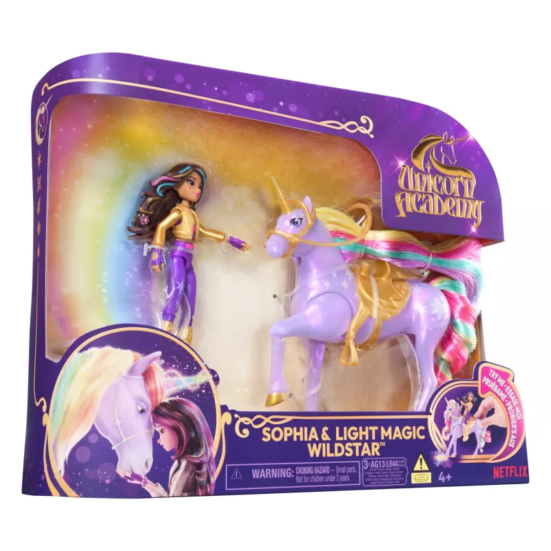 Usorteret Unicorn Academy Sophia & Light Magic Wildstar modes lelle ar varavīksnes gaismas efektiem, LR44 baterijām, 241 mm