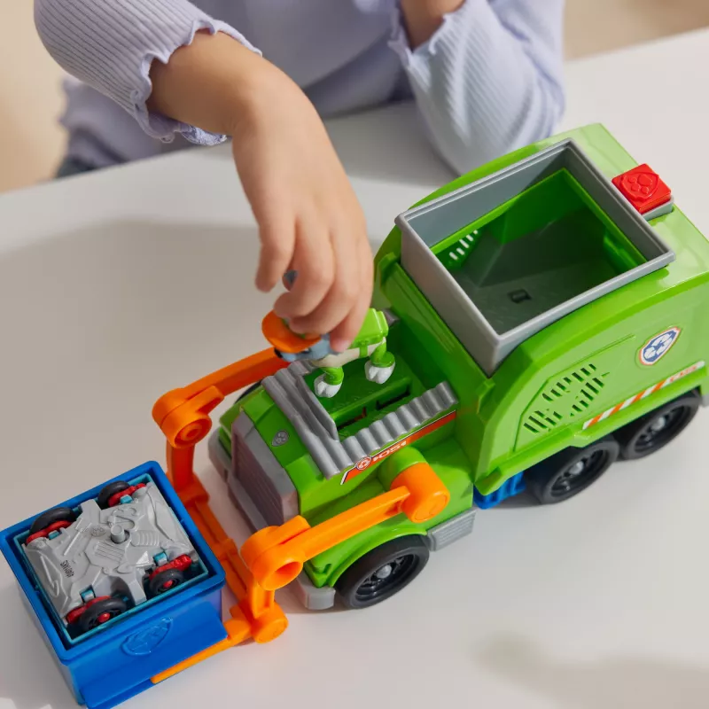 PAW Patrol: Crush N’ Roll pārstrādes auto ar Rokija figūru un transformējamu saspiestu atkritumu transportlīdzekli, rotaļlietas zēniem un meitenēm no 3 gadu vecuma