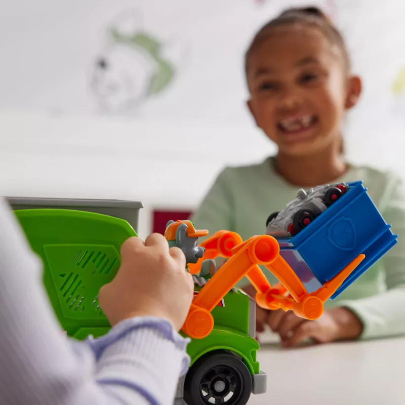 PAW Patrol: Crush N’ Roll pārstrādes auto ar Rokija figūru un transformējamu saspiestu atkritumu transportlīdzekli, rotaļlietas zēniem un meitenēm no 3 gadu vecuma