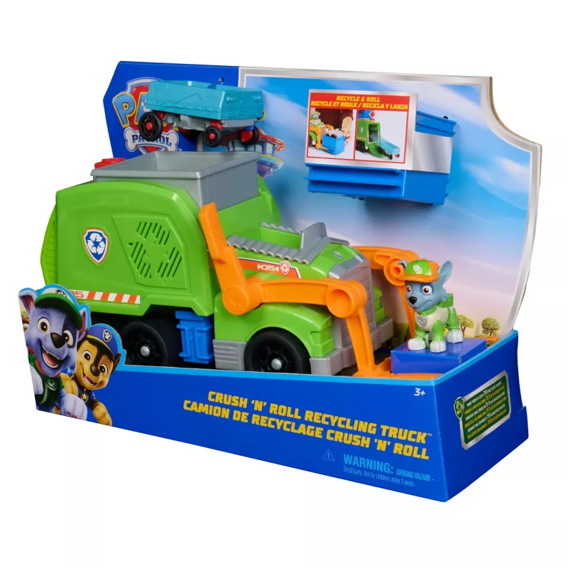 PAW Patrol: Crush N’ Roll pārstrādes auto ar Rokija figūru un transformējamu saspiestu atkritumu transportlīdzekli, rotaļlietas zēniem un meitenēm no 3 gadu vecuma