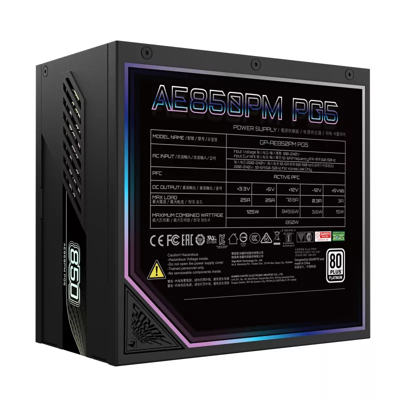 GIGABYTE AORUS ELITE P850W barošanas bloks - PCIe 5.0, 80 PLUS Platinum, pilnībā modulārs dizains, 120 mm ventilators, ATX 3.0 saderīgs, ES kontaktdakša