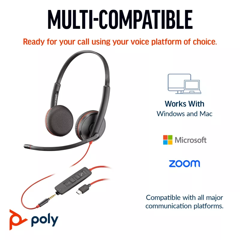 HP Poly Melnswire 3225 Stereo USB-C austiņas +3,5 mm spraudnis +USB-C/A adapteris (vairumā)