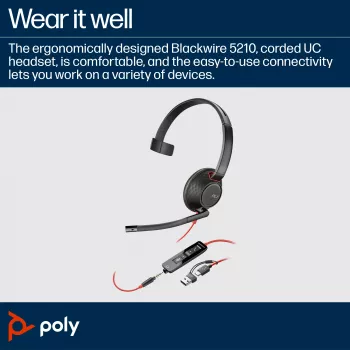 HP Poly Melnswire 5210 Monaural USB-C austiņas +3.5 mm spraudnis +USB-C/A adapteris