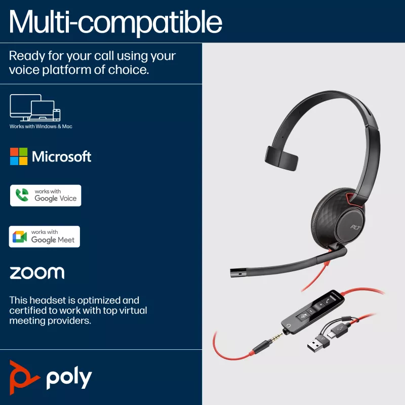 HP Poly Melnswire 5210 Monaural USB-C austiņas +3.5 mm spraudnis +USB-C/A adapteris