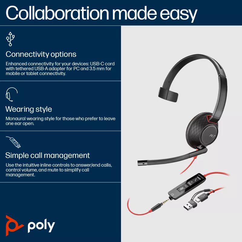 HP Poly Melnswire 5210 Monaural USB-C austiņas +3.5 mm spraudnis +USB-C/A adapteris