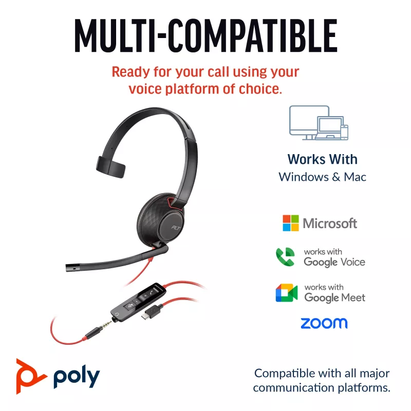 HP Poly Melnswire 5210 Monaural USB-C austiņas +3.5 mm spraudnis +USB-C/A adapteris