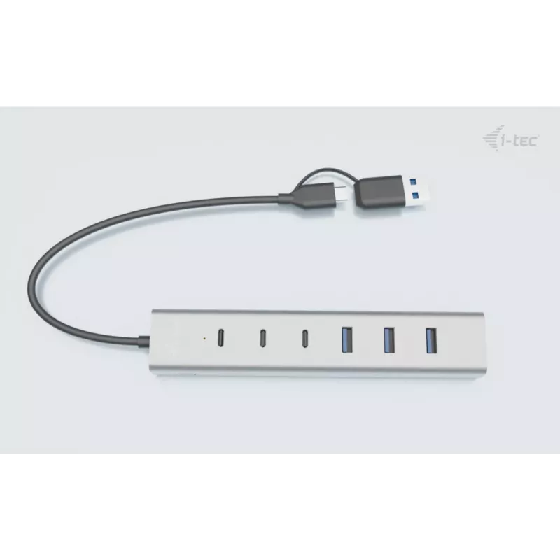 i-tec USB-C/USB-A lādēšanas metāla centrmezgls ar 7 portiem (3x USB-C, 4x USB-A)