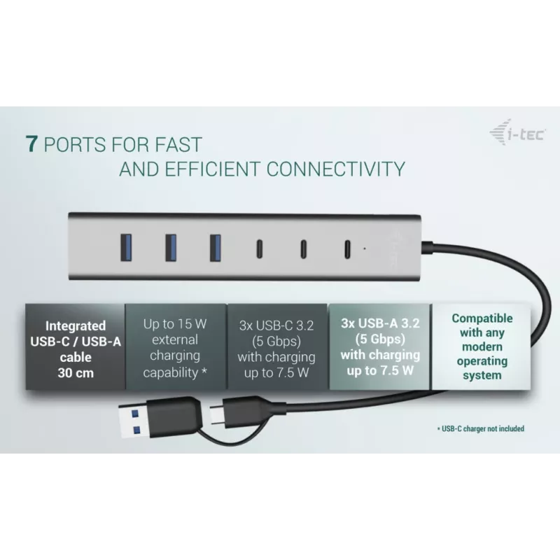 i-tec USB-C/USB-A lādēšanas metāla centrmezgls ar 7 portiem (3x USB-C, 4x USB-A)