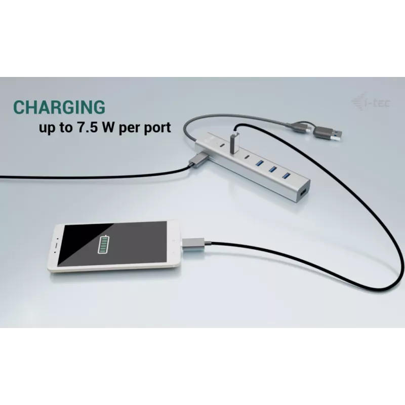 i-tec USB-C/USB-A lādēšanas metāla centrmezgls ar 7 portiem (3x USB-C, 4x USB-A)