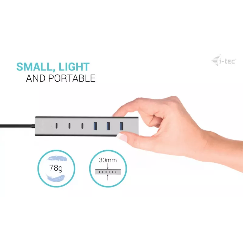 i-tec USB-C/USB-A lādēšanas metāla centrmezgls ar 7 portiem (3x USB-C, 4x USB-A)