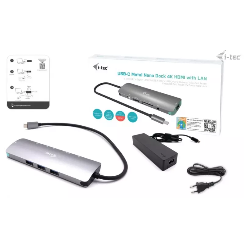 i-tec USB-C Metal Nano dokstacija 4K HDMI LAN ar strāvas padevi 100W + universālais lādētājs 100W
