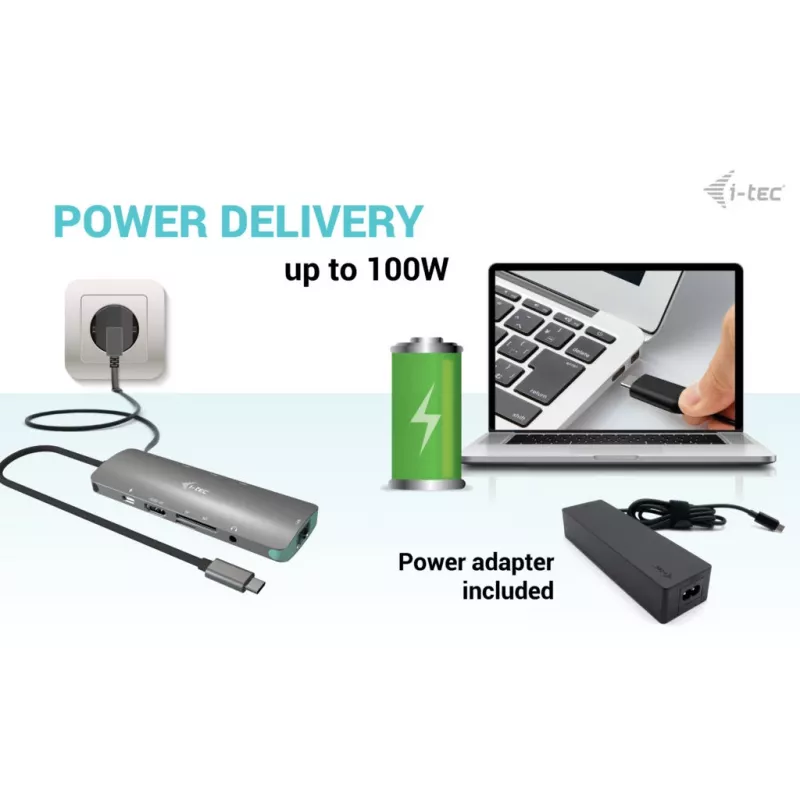 i-tec USB-C Metal Nano dokstacija 4K HDMI LAN ar strāvas padevi 100W + universālais lādētājs 100W