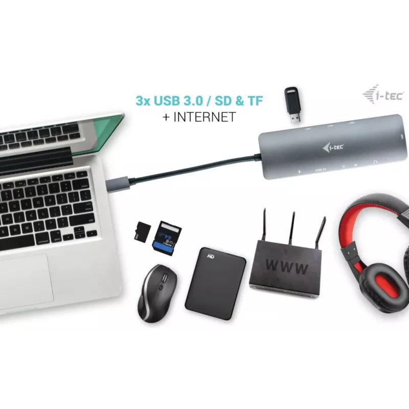 i-tec USB-C Metal Nano dokstacija 4K HDMI LAN ar strāvas padevi 100W + universālais lādētājs 100W