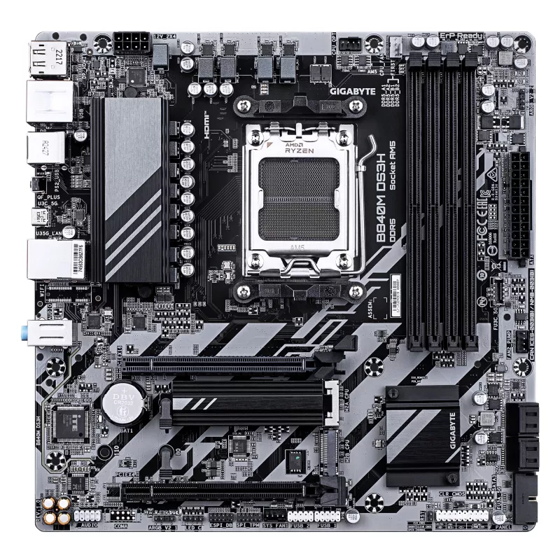 GIGABYTE B840M DS3H mātesplate - AMD Ryzen 9000 CPU, 8+2+2 fāžu VRM, līdz 8200MHz DDR5, 2xPCIe 4.0 M.2, 2.5GbE LAN, USB 3.2 Gen 1