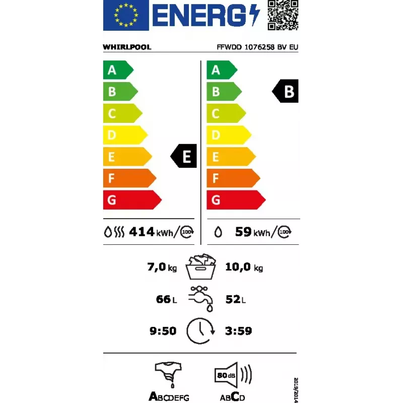 Whirlpool FFWDD1076258B veļas mazgājamā un žāvējamā mašīna Brīvstāvoša Ar priekšējo ielādi Balta