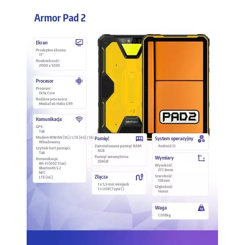 Planšetdators UleFone Armor Pad 2 11 collu Astoņu kodolu 8 GB RAM 256 GB atmiņa Android