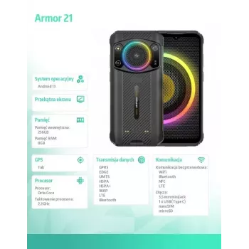 Viedtālrunis UleFone Armor 21 — 6,58 collu displejs, 8 GB RAM, 256 GB krātuve, melns