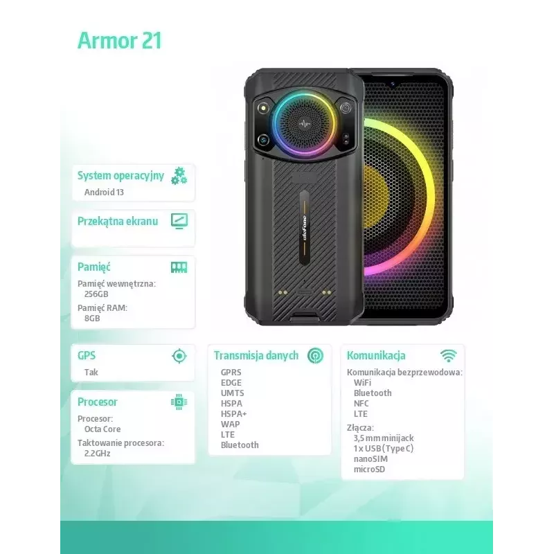 Viedtālrunis UleFone Armor 21 — 6,58 collu displejs, 8 GB RAM, 256 GB krātuve, melns