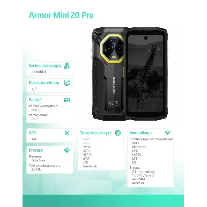 Viedtālrunis UleFone Armor Mini 20 Pro 4G 6.1 collu 8/256GB melns, energoefektivitātes klase B