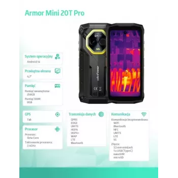 Viedtālrunis UleFone Armor Mini 20T Pro 5G, 4,7 collu displejs, 8 GB RAM, 256 GB krātuve, melna