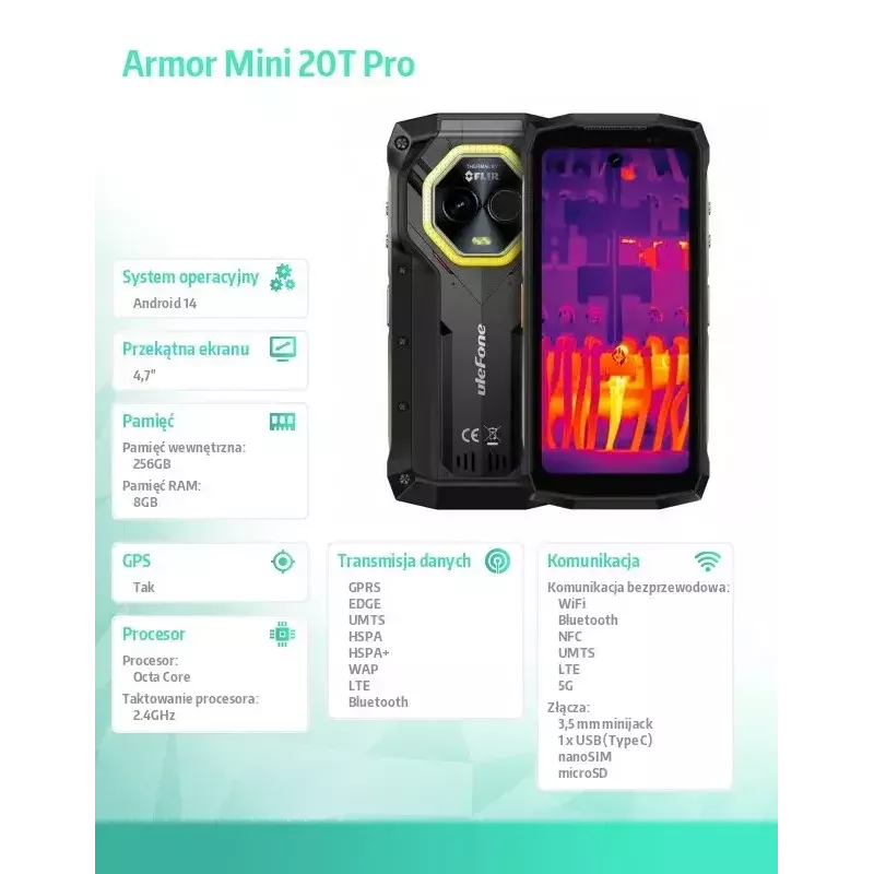 Viedtālrunis UleFone Armor Mini 20T Pro 5G, 4,7 collu displejs, 8 GB RAM, 256 GB krātuve, melna