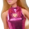 Barbie Fashionistas lelle #230 metāliski rozā minikleitā ar sirds izgriezumu, blondi mati