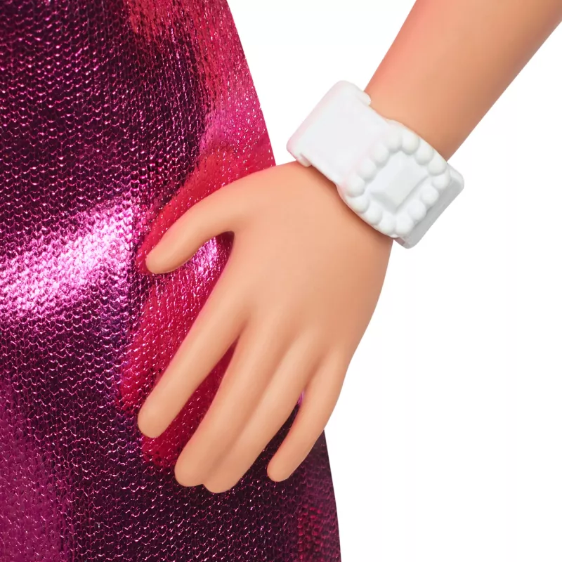 Barbie Fashionistas lelle #230 metāliski rozā minikleitā ar sirds izgriezumu, blondi mati