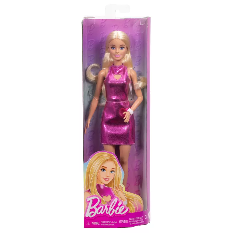 Barbie Fashionistas lelle #230 metāliski rozā minikleitā ar sirds izgriezumu, blondi mati