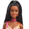 Barbie Fashionistas lelle #233 ar rūtainu ziedu midi kleitu, melni mati